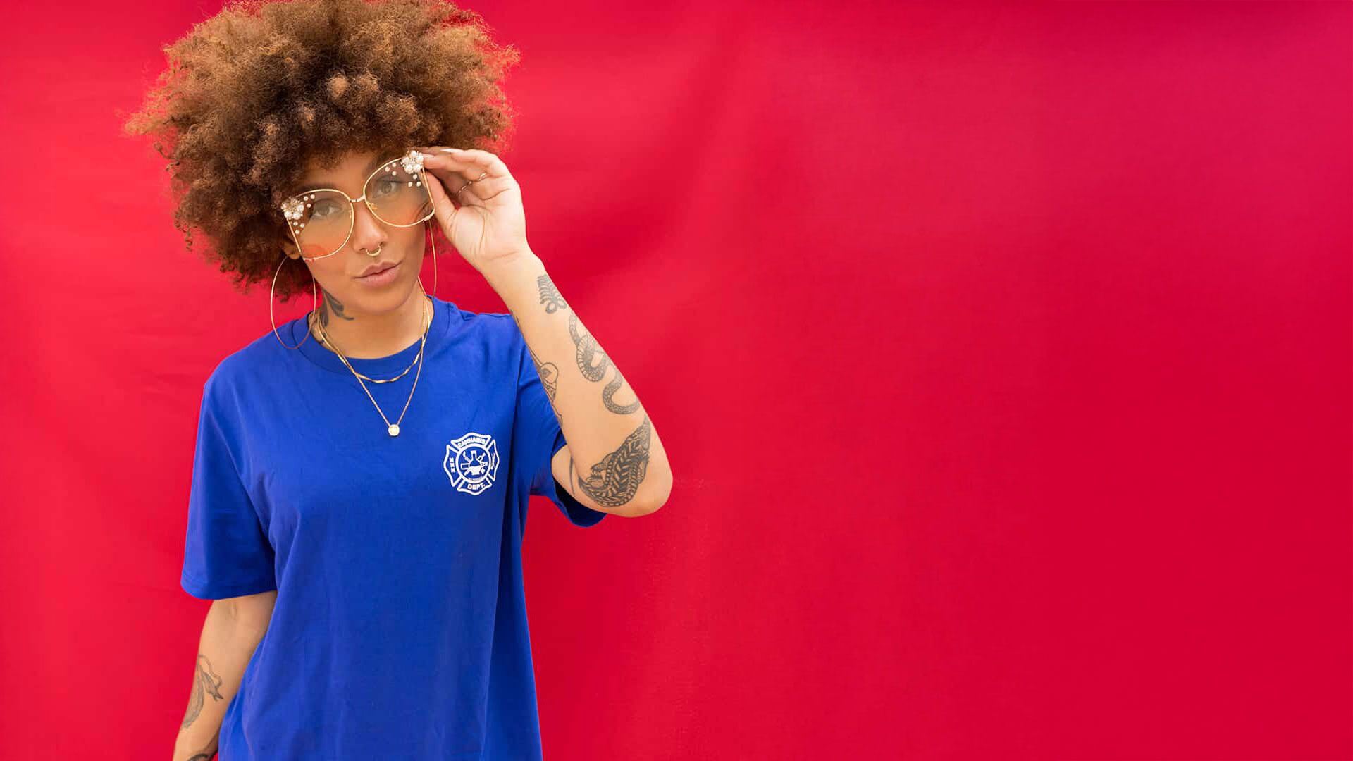 Zoe rocking the Blue CANNABIS DEPT. tee